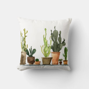 Seven hand drawn green watercolor cactus in brown  throw pillow
