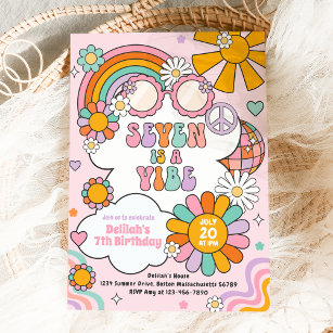 Seven Is A Vibe Groovy 70s Flower Power Birthday Invitation