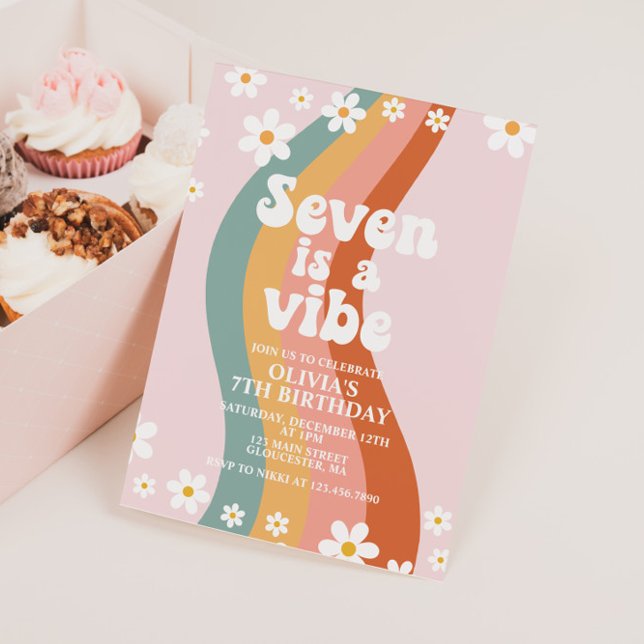 Seven is a Vibe groovy daisy rainbow 7th birthday Invitation (Creator Uploaded)