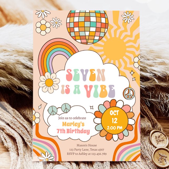 Seven is a Vibe Groovy Retro Rainbow 7th Birthday Invitation (Creator Uploaded)