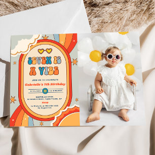 Seven Is A Vibe Groovy Retro Rainbow 7th Birthday Invitation