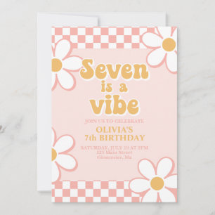 Seven is a Vibe Retro Check Pink Daisy Invitation