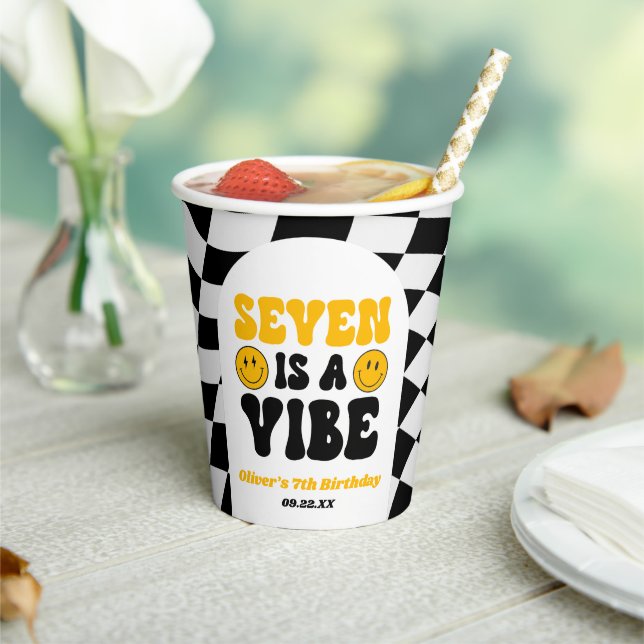 Seven Is A Vibe Retro Seventh 7th Birthday Party Paper Cups (Insitu)