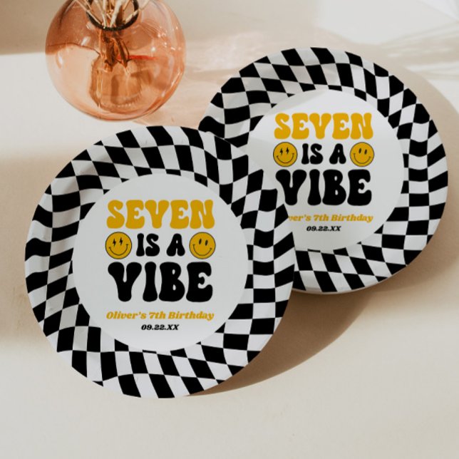 Seven Is A Vibe Retro Seventh 7th Birthday Party Paper Plate (Creator Uploaded)