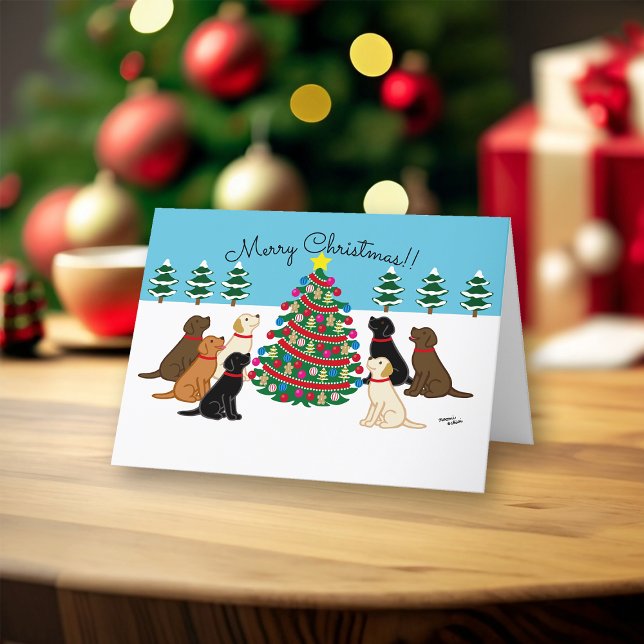 Seven Labradors and Christmas Tree Holiday Card (Seven Labradors Christmas Card for Labrador Owners.  Chocolate, Black, Yellow Labs, Fox Red Lab.)