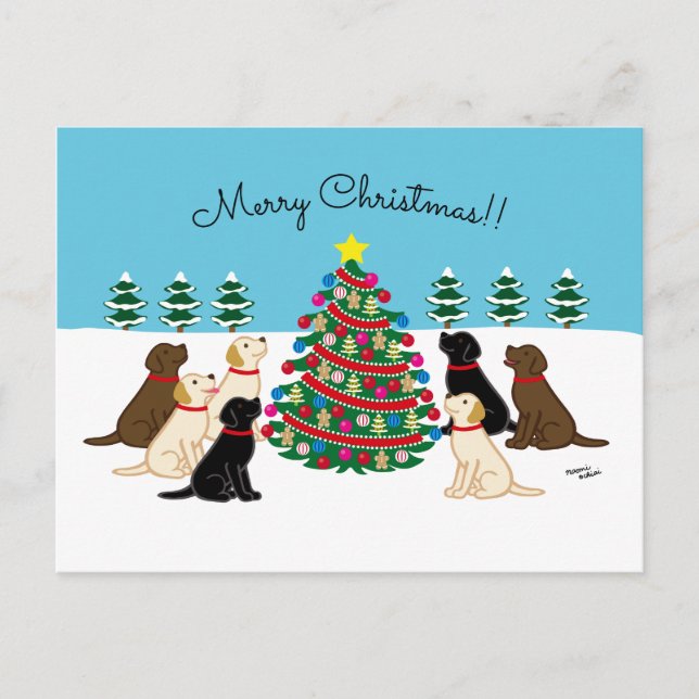 Seven Labradors and Christmas Tree Holiday Postcard (Front)