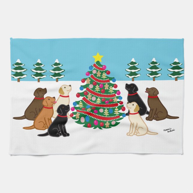 Seven Labradors and Christmas Tree Kitchen Towel (Horizontal)