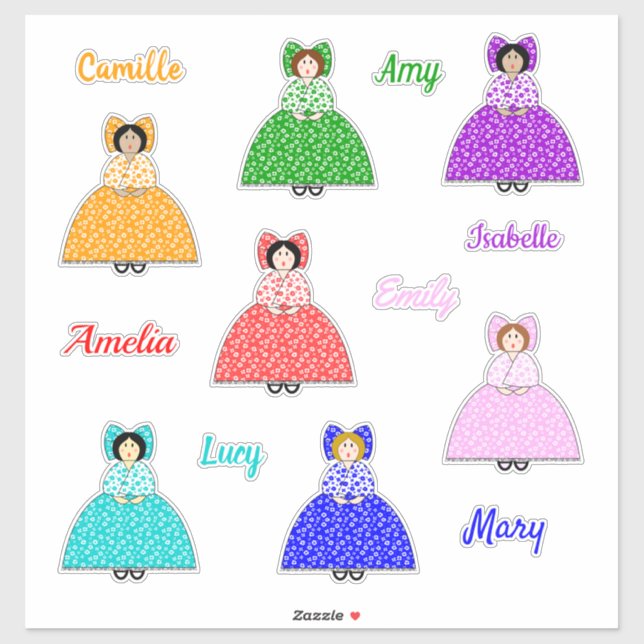 Seven Little Colonial Dolls with Names (Sheet)