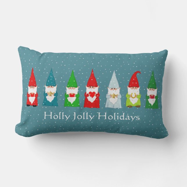 Seven Lucky Christmas Gnomes on Sapphire Blue Lumbar Pillow (Front)