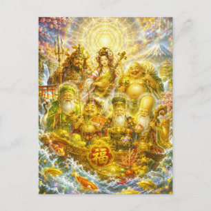 Seven Lucky Gods -Japanese Gods- colorful art Postcard