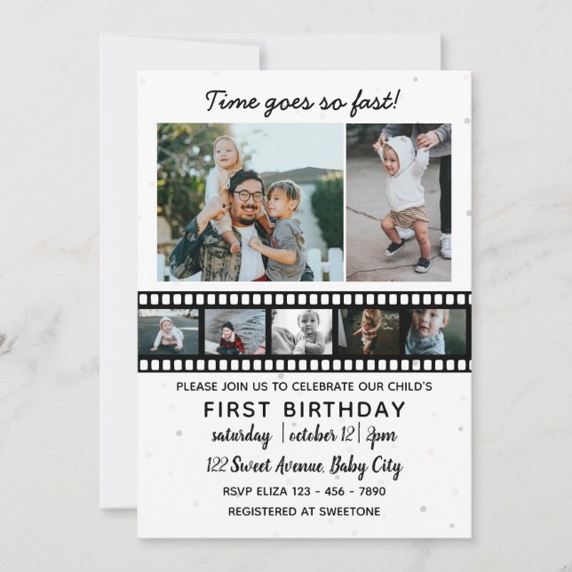 Seven Photos Collage Child's First Birthday Invitation (Front)
