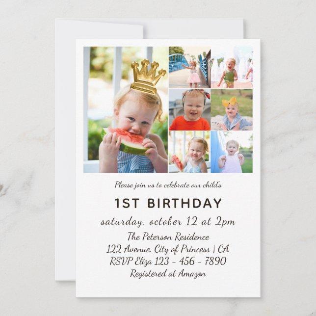 Seven Photos Collage Princess 1st Birthday Invitation (Front)