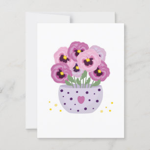 Seven pink pansies in a vase postcard