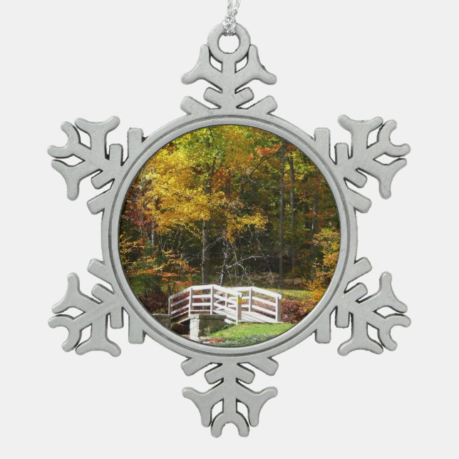 Seven Springs Fall Bridge I Autumn Landscape Snowflake Pewter Christmas Ornament (Front)