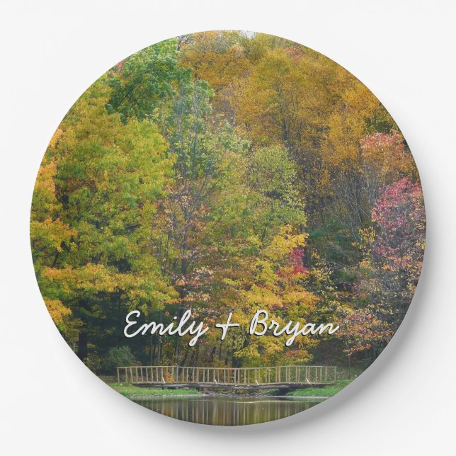 Seven Springs Fall Bridge II Autumn Landscape Paper Plate (Front)