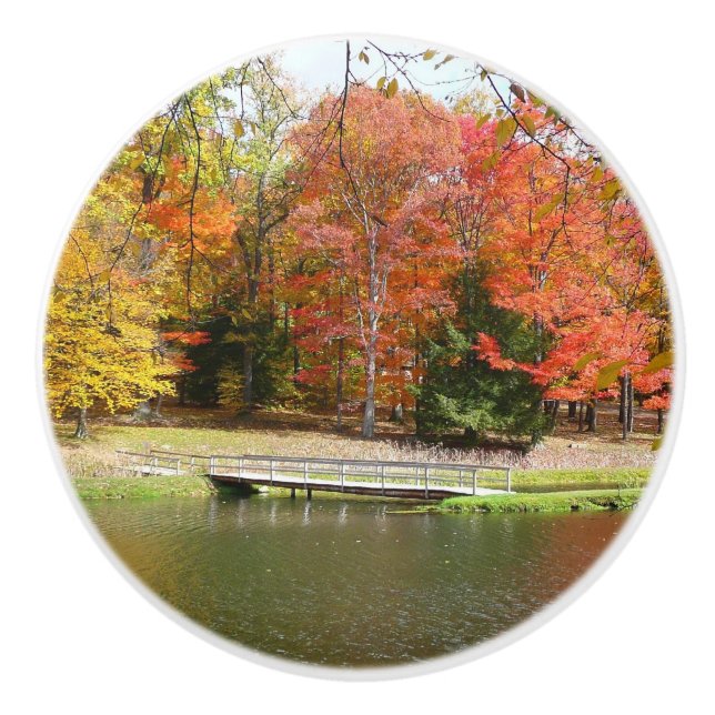 Seven Springs Fall Bridge III Autumn Landscape Ceramic Knob (Front)