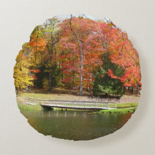 Seven Springs Fall Bridge III Autumn Landscape Round Pillow