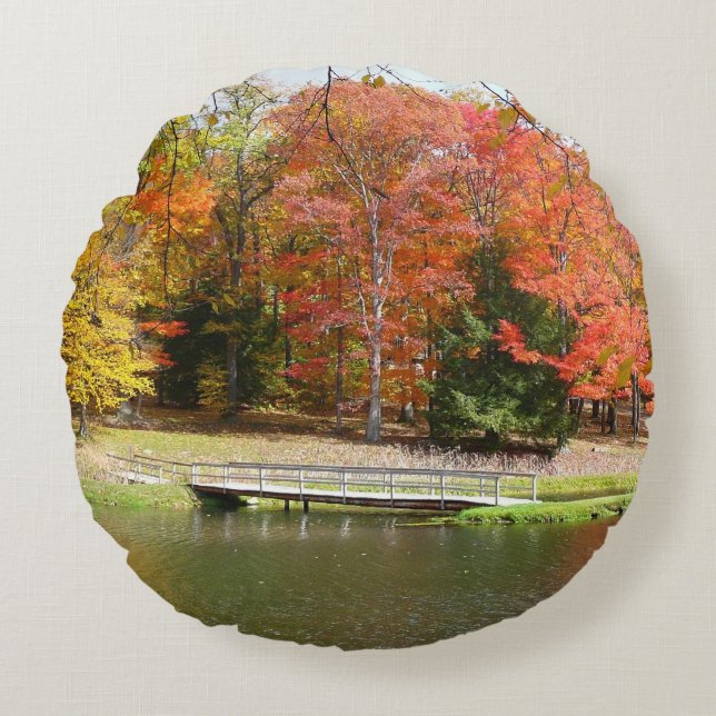 Seven Springs Fall Bridge III Autumn Landscape Round Pillow (Front)