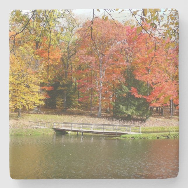 Seven Springs Fall Bridge III Autumn Landscape Stone Coaster (Front)