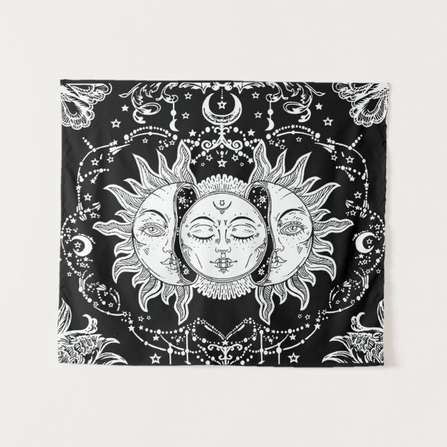 Seven Stars Three face Sun and Moon Aesthetic  Tapestry (Front (Horizontal))