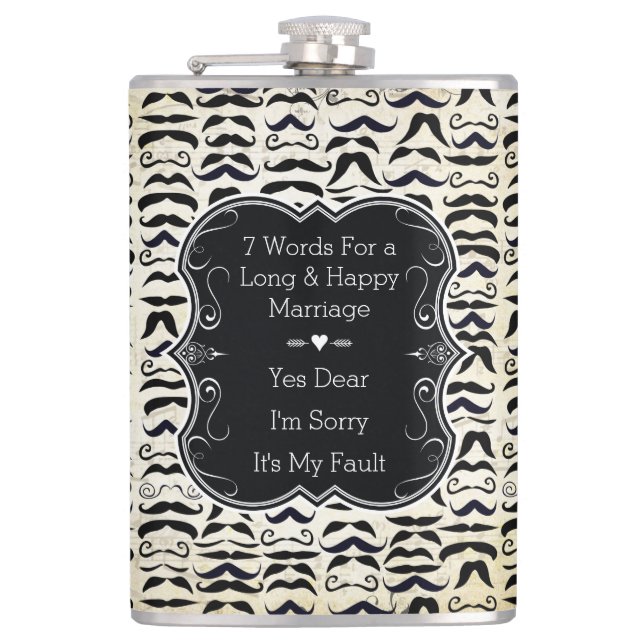 Seven Word for a Long and Happy Marriage Moustache Hip Flask (Front)