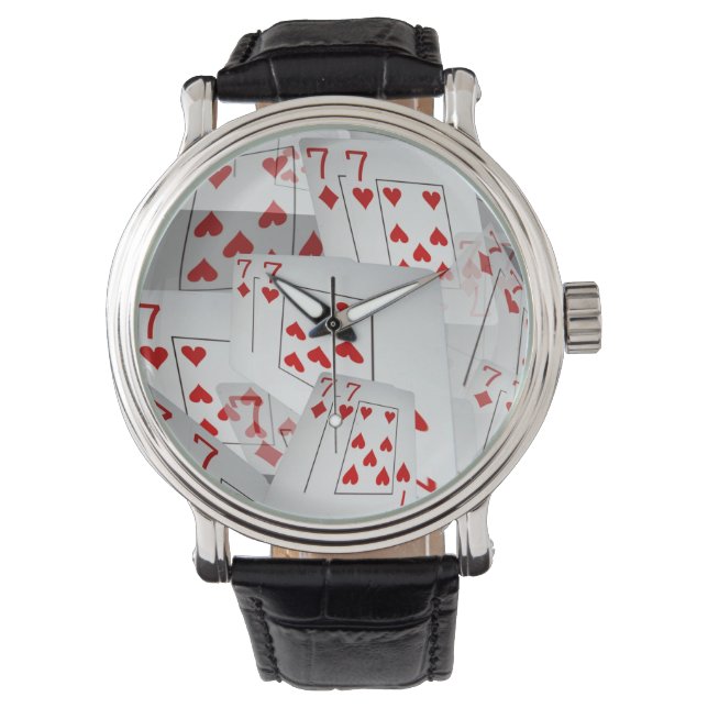 Sevens, Poker Cards, Mens Leather Big Face Watch. Watch (Front)
