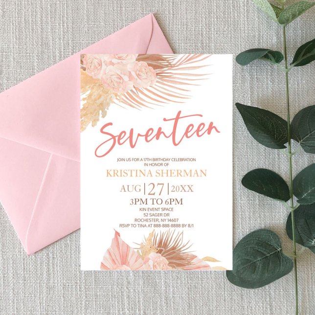 Seventeen Boho Pink Floral 17th Birthday Party Invitation (Creator Uploaded)