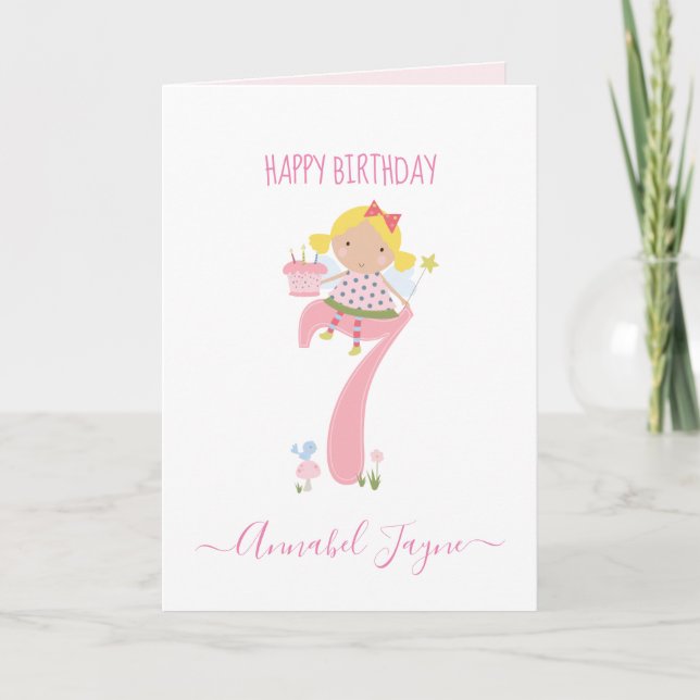 Seventh birthday fairy cute pink personalized card (Front)