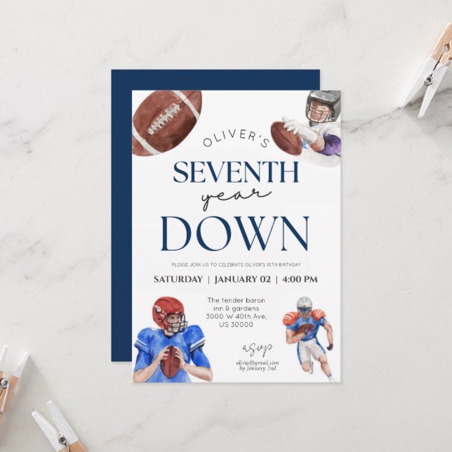 Seventh year down football theme boy 7th birthday invitation (Front/Back In Situ)