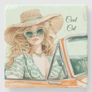 Seventies Blonde Girl Cool Cat Stone Coaster