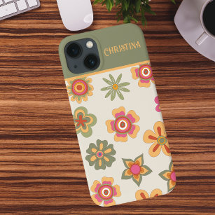 Seventies Retro Pink-Green-old Flower Power Case-M iPhone 13 Case