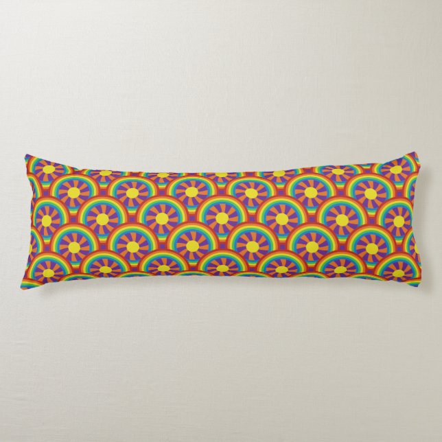 Seventies Style Rainbows and Sun Graphic Pattern Body Pillow (Front)
