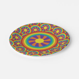 Seventies Style Rainbows and Sun Graphic Pattern Paper Plate