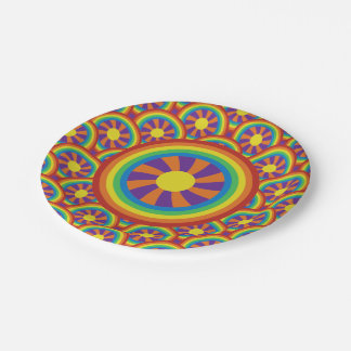 Seventies Style Rainbows and Sun Graphic Pattern Paper Plate