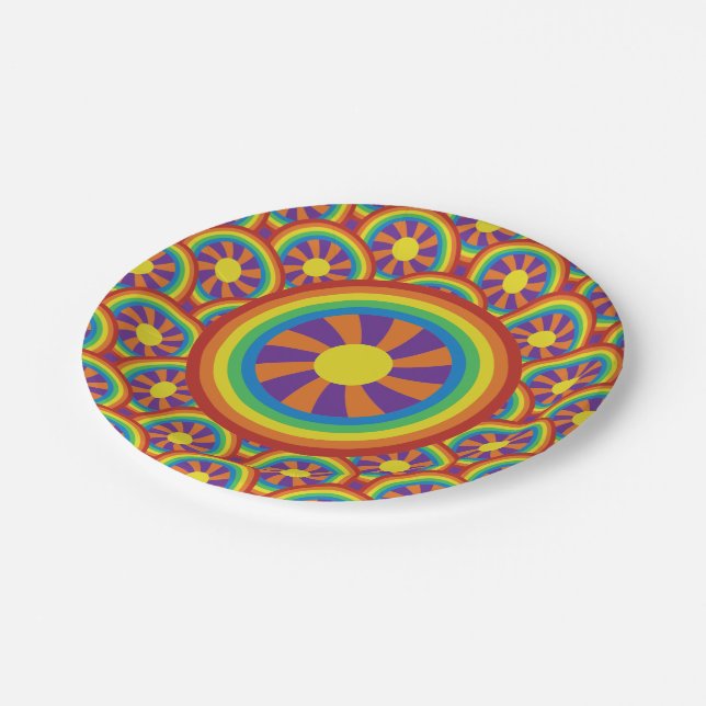 Seventies Style Rainbows and Sun Graphic Pattern Paper Plate (Angled)