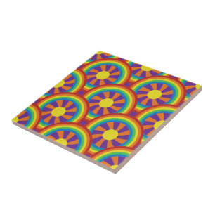 Seventies Style Rainbows and Sun Graphic Pattern Tile