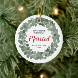 Seventieth Christmas Married Personalized Wreath Ceramic Ornament
