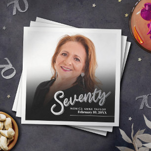 Seventy 70th Birthday custom photo script silver Napkin