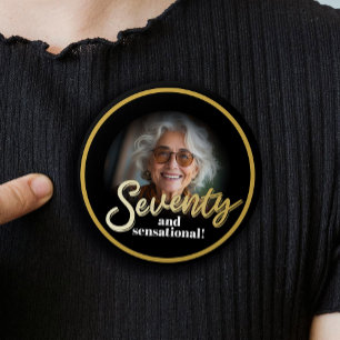 Seventy 70th Birthday photo script gold black 1 Inch Round Button