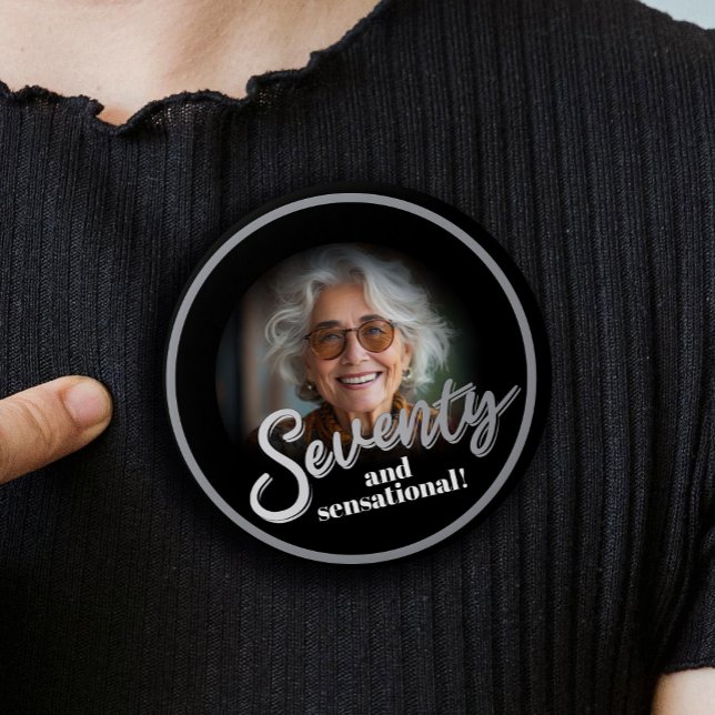 Seventy 70th Birthday photo script silver black 1 Inch Round Button (Creator Uploaded)