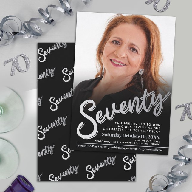 Seventy 70th Birthday photo script silver black Invitation (Creator Uploaded)