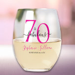 Seventy and Fabulous Pink 70th Birthday Party Stemless Wine Glass<br><div class="desc">Modern Minimal Seventy and Fabulous pink and black 70th birthday stemless wine glass that you can personalize for your seventieth birthday party celebration. The "70 and Fabulous" is set using trending bold font typography. Text colours can be changed using the edit menu.</div>