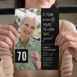 Seventy Black & White 70th Birthday Party Photo Invitation<br><div class="desc">Create unforgettable moments with our modern 70th birthday party invitations! Characterized by a sophisticated black background and an amusing saying - 'It took seventy years to look this good!', these invites also offer a convenient text template you can customize easily. Add in the celebrant's photo, and you've got an invitation...</div>