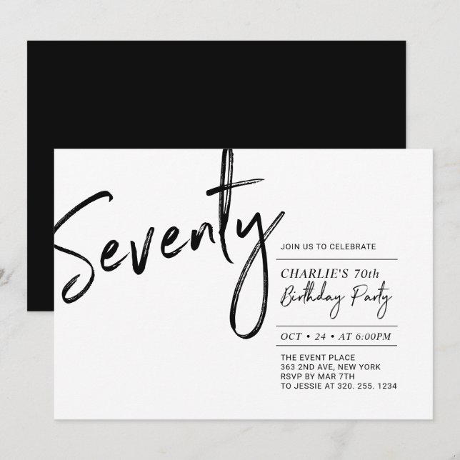 Seventy | Black & White Modern 70th Birthday Party Invitation (Front/Back)