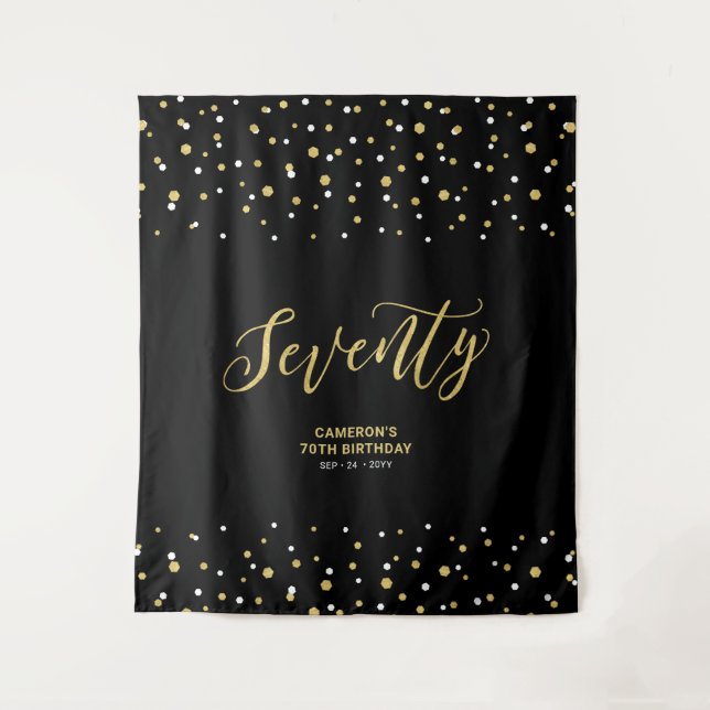 Seventy Gold & Black 70th Birthday Party Backdrop Tapestry (Front)