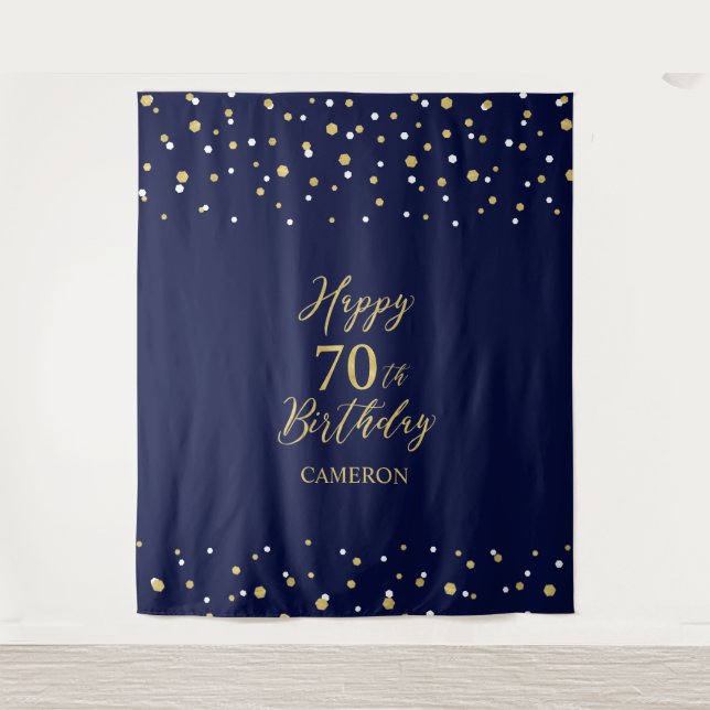 Seventy Gold & Navy 70th Birthday Party Backdrop Tapestry (Front)