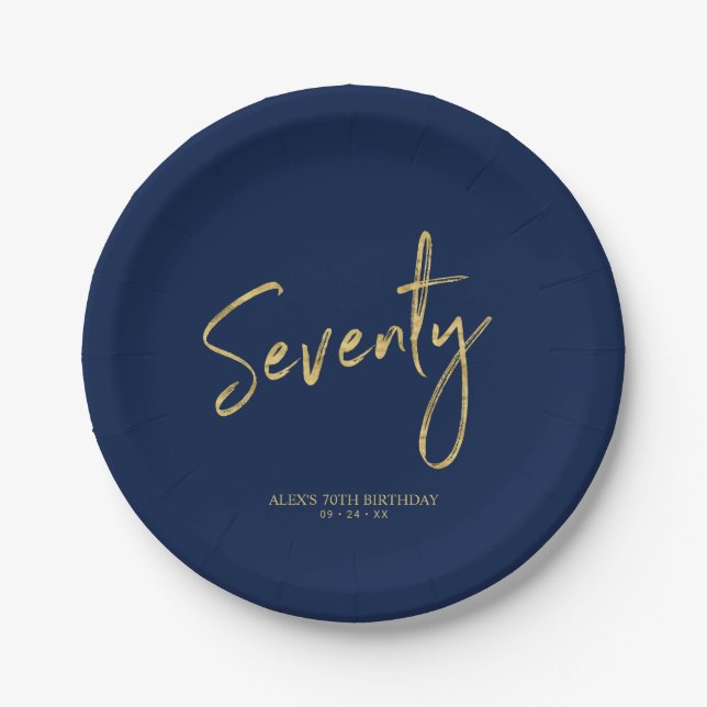 Seventy Gold & Navy Lettering 70th Birthday Party Paper Plate (Front)