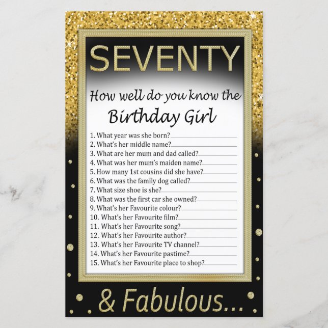 Seventy How well do you know the birthday girl (Front)