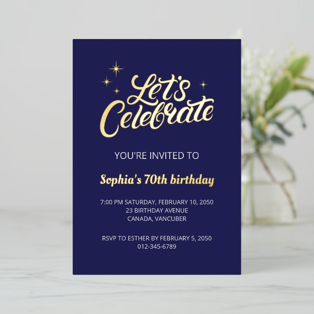 Seventy | Modern Gold Navy 70th Birthday Party Foil Holiday Card (Standing Front)