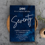 Seventy | Navy Blue 70th Birthday Surprise Party Invitation<br><div class="desc">Seventy | Navy Blue 70th Birthday Surprise Party invitation features a backdrop of deep blue watercolor,  adorned with sophisticated white textual elements conveying the message "SHH! it's a surprise birthday Seventy."  Personalize this invitation by incorporating your unique party details and information.</div>